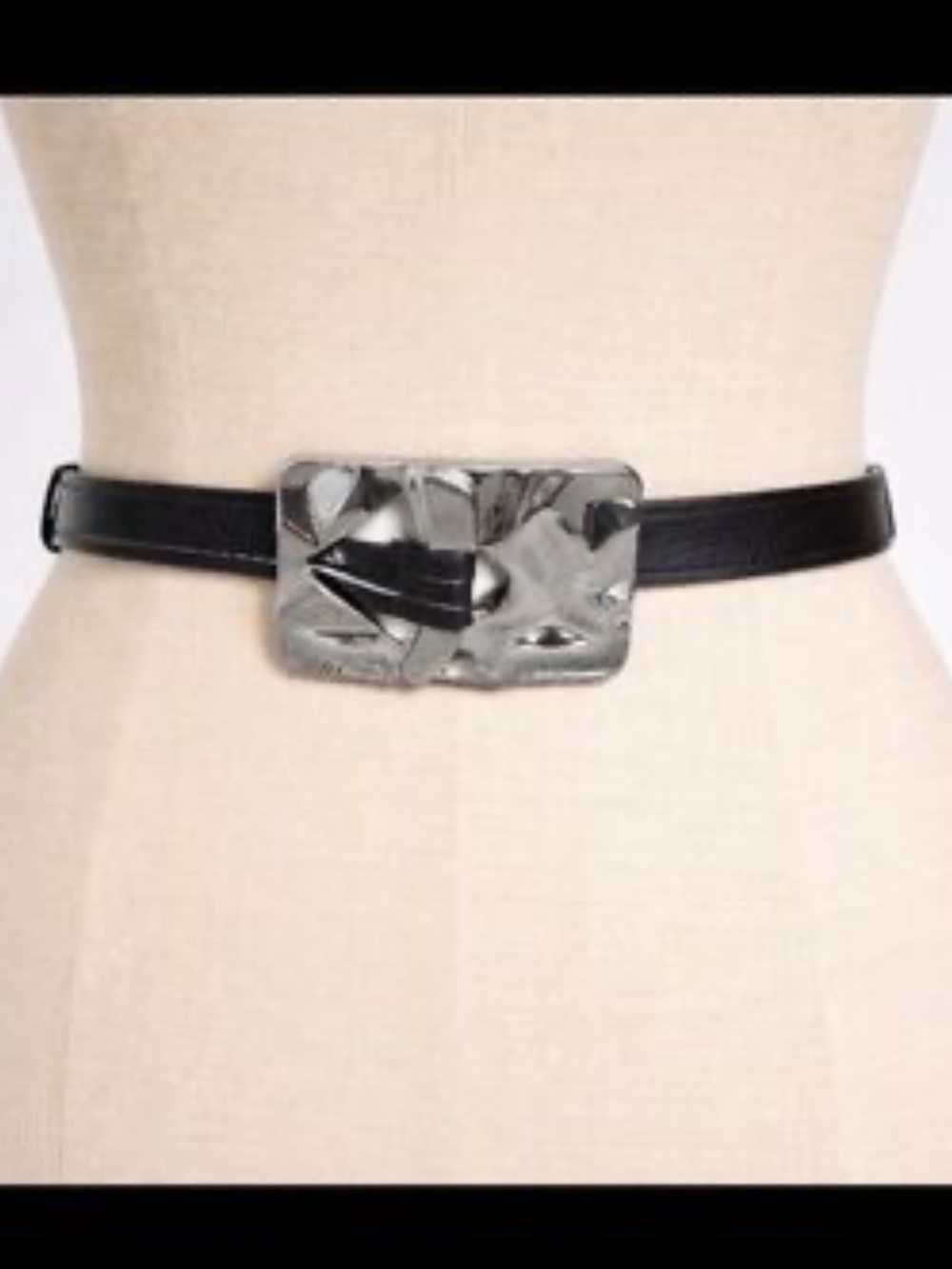 Black Leather Belt with Silver Textured Buckle - Picture 2 of 9